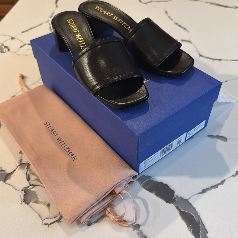 Stuart Weitzman Black Leather Slide Mules